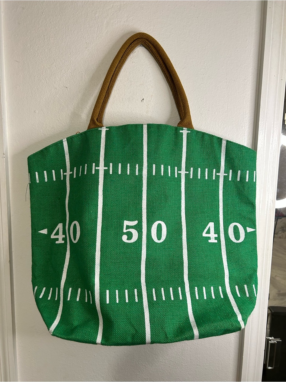 Source Unknown Green and White Football Field Tote with Brown Handles - Picture 2 of 7